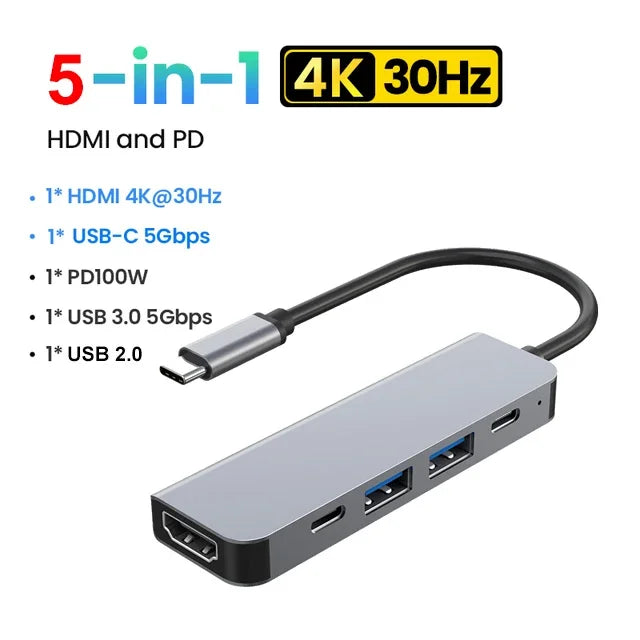 5-in-1 Type-C to HDMI Adapter USB C HUB 4K30Hz PD100W Docking Station USB-C 3.1 Splitter for MacBook iPad Pro Huawei USB 3.0 HUB