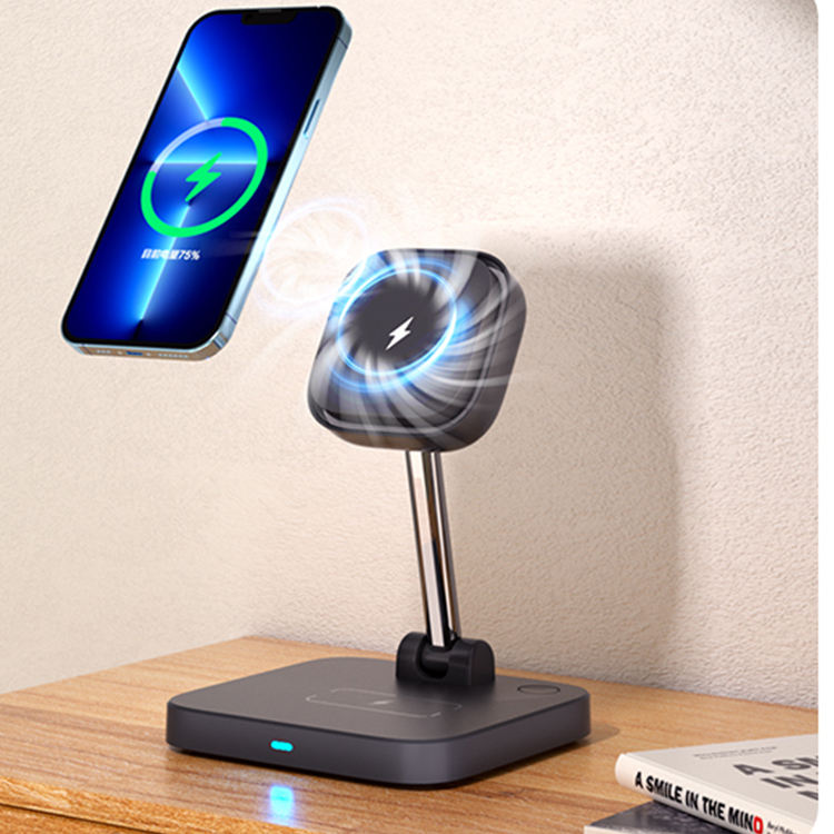 3-in-1 magnetic wireless charger holder with cooling fan suitable for wireless charging of iPhone products